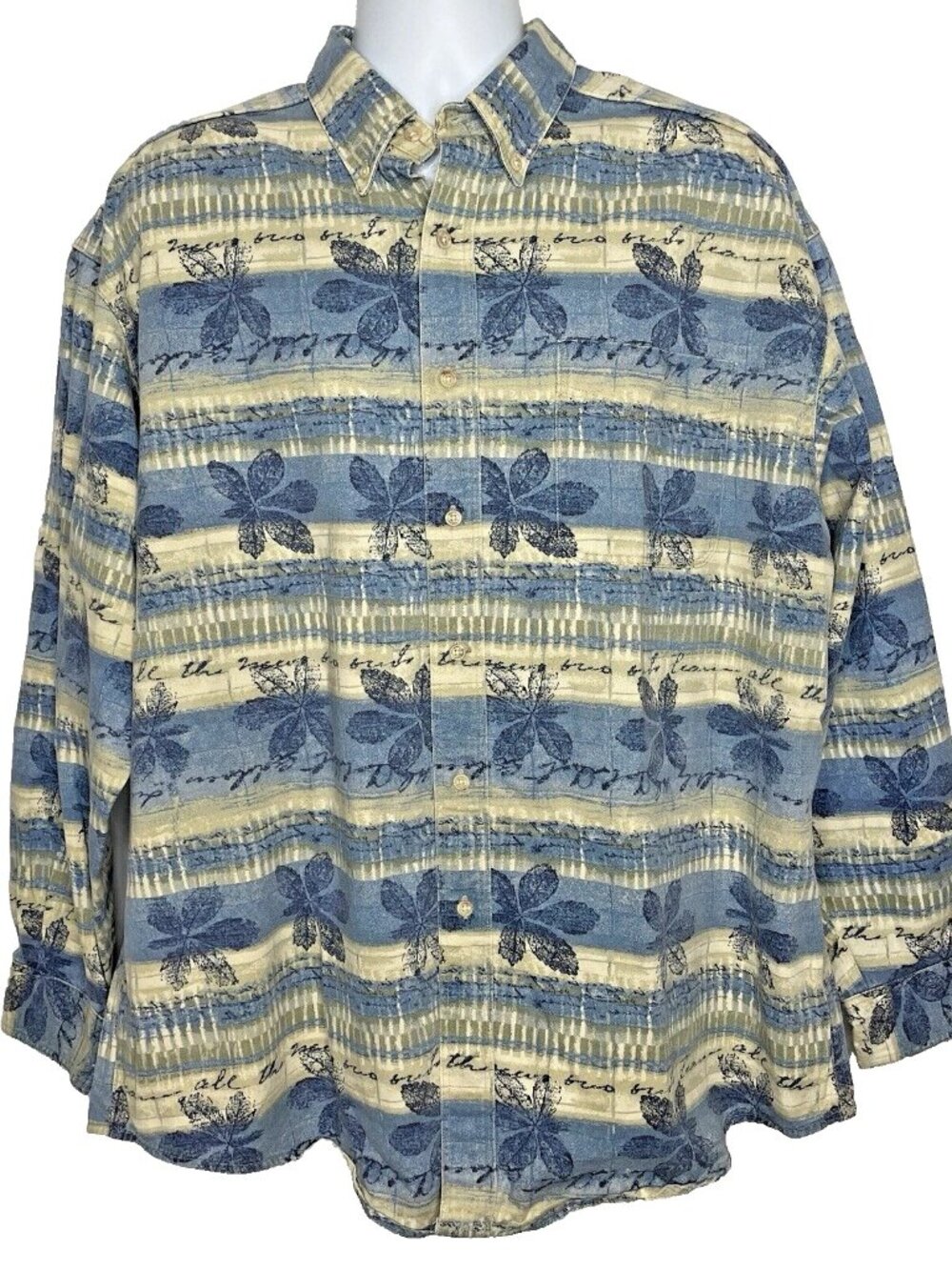 Vintage 80s LL Bean Denim Shirt Size XL Blue Beige Striped Hawaiian Print